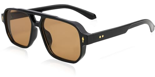 Jesiah Retro Pilot Sunglasses, Tea Tinted Lens Polarised Sunglasses UV400 Protection Fashion Shades Double Bridge Vintage Square Glasses for Outdoor Driving Fishing Running