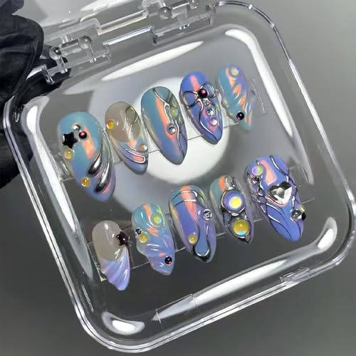 GlamRays 24 pièces Faux Ongles Autocollants français, Faux Ongles Amande Taille Moyenne avec Motif étoile 3D, Design de Vagues colorées, Fait Main