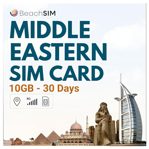 BeachSIM SIM-kort för Mellanöstern. 10 GB data med 4G/5G-hastigheter. Endast SIM-data. Fri roaming i Bahrain, Egypten, Kuwait, Oman och Pakistan. Giltigt i 30 dagar.