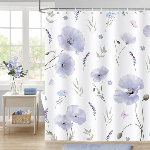 Dazzlewall Cortina de Ducha Floral Acuarela Morada, Flores Boho Plantas Impermeable 180x180cm, Antimoho Tela con 12 Ganchos