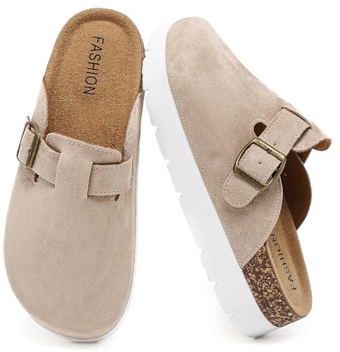 Zuecos De Plataforma para Mujer con Hebilla Ajustable, Pantuflas De Cuero con Plataforma Y Plantilla De Corcho Suave, Sandalias De Ante Semi-Cerradas