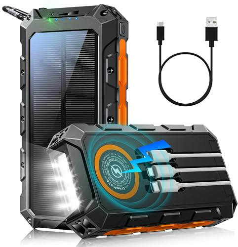 Solar Power Bank 52800mAh: PD 30W 3.0 A USB C Powerbank Ricarica Rapida con 3 Cavi, 3 Port (2 USB & 1 Type-c), 15W Ricarica Wireless, Spie luminose a LED, Torcia, Caricatore Portatile con Smartphones
