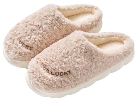 Tofflor för damer, varmt fodrade – tofflor, damer, platt tjock sula, halkfria vintertofflor, teddy-fleece, hemskor, tofflor, gästtofflor, stugskor, hustofflor, bomullstofflor, kaki, 44 EU