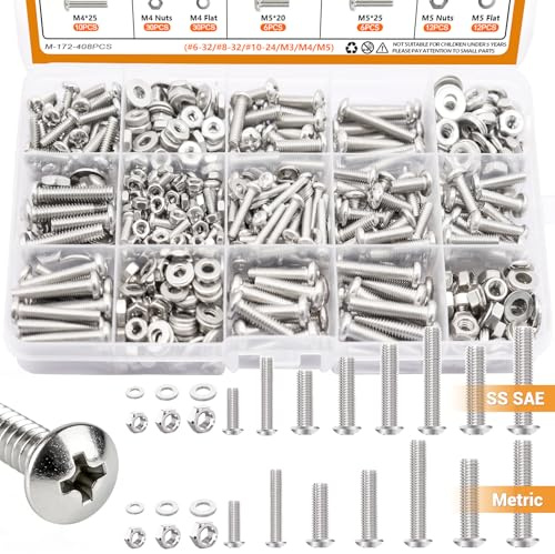 mankk 408PCS Machine Screws Nuts and Bolts Assortment Kit (# 6-32/# 8-32/#10-24 & M3/M4/M5) SAE & Metric 304 Stainless Steel Phillips Pan Head Screws Cross Slotted Round Head Bolts