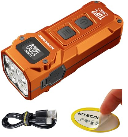 Nitecore TUP2 (Tup 2) 1200 Lumen Rechargeable Keychain Flashlight – Multi-Color Temperature (Warm/Neutral/Cool) EDC Light USB-C Fast Charging Digital Display Lightweight Sticker (Orange)