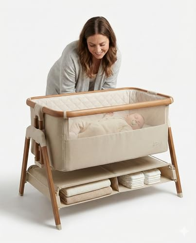 Venture Sona Next To Me Crib – Adjustable Baby Bed with Dropside, Premium Mattress, Breathable Mesh & Storage Shelf - No-Tool Assembly Bedside Baby Crib, Bassinet for Newborns 0–6 Months - Beige