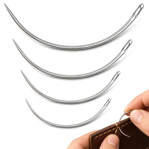 ZenithQuest 4 Pack Curved Leather Sewing Needles, Silver Heavy Duty Steel Needles for Upholstery Repair, Weaving, Leather Crafts & Thick Fabric Stitching