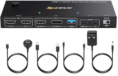 YOUTINGHDAV KVM Switch Laptop PC 2 Monitors, KVM Switch 2 Computers 2 Monitors USB C DP HDMI med 4 USB 3.0 portar, 4K@60Hz, MST, PD 60W, Wired Remote(4K USB C DP HD 2 in 2 out)