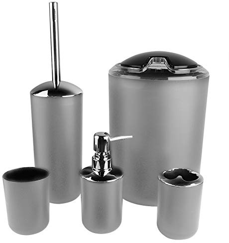 AYNEFY Juego de 6 accesorios de baño para inodoro con dispensador de jabón, jabonera, soporte para cepillos de dientes, vaso para cepillos de dientes, escobilla de inodoro, papelera (gris)