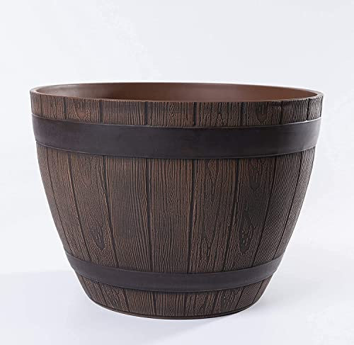Jinfa Blumenkübel Kunststoff Holzfass-Optik | Farbe Kastanie | Design Weinfass Ø 38 cm | Pflanzkübel Übertopf Garten, Balkon & Terrasse | Robust & Dekorativ