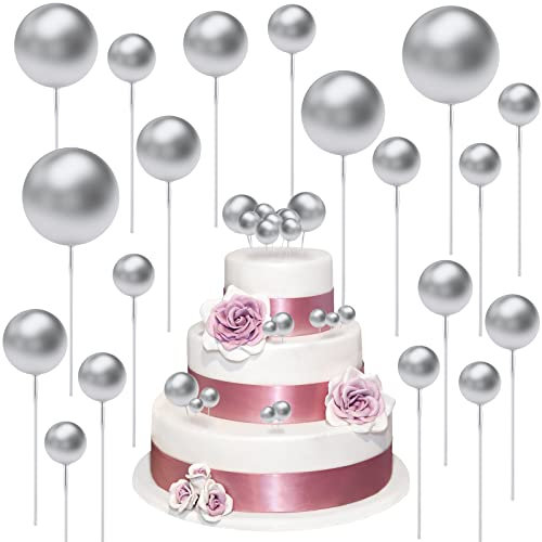 40 Mini Cupcakes Toppers Ballons Ronds en Mousse Gâteau Topper Ballon Outils de Décoration de Cuisson DIY Cake Topper Ballon Perle Insert pour Saint-Valentin Anniversaire Mariage (Argent)