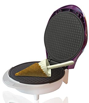 BEHOME Máquina Gofrera para Conos de Helado, Placa Antiadherente para Conos de Gofres 1000 W, Molde de Cono incluido patas antideslizantes, púrpura y blanca