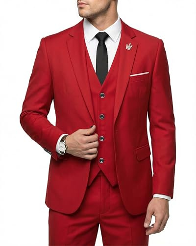 Hihawk Conjunto de Traje de 3 Piezas para Hombre con Corbata, un botón, Chaqueta Ajustada sólida y Pantalones, Trajes para Hombre, Boda, Fiesta, Negocios, Rojo -, Large