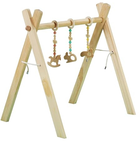Kinder Valley Wooden Baby Play Gym - Foldable Wooden Play Gym with 3 Engaging Toys, Activity Gym Baby Suitable from Birth with Toys for Sensory Development | Newborn Gift for Baby Girl and Boy