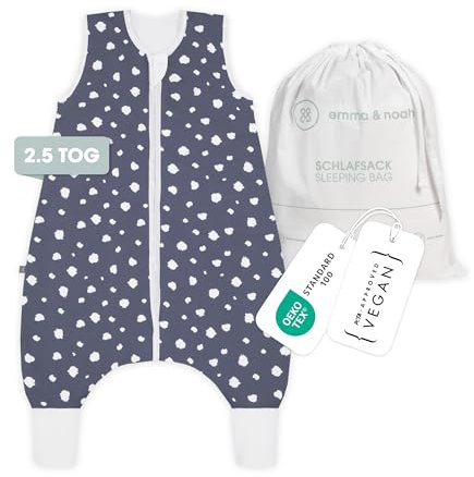 emma & noah Baby Schlafsack mit Füßen 2.5 TOG, Strampelsack für den Herbst und Winter, Bio-Baumwolle, OEKO-TEX Zertifiziert, Kuscheliger Schlafsack für Neugeborere (Punkte Blau, 80 cm)