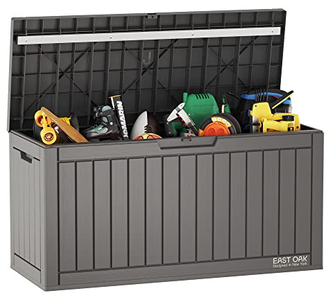EAST OAK 60 Gallon Deck Box, Outdoor Storage Box with Padlock for Patio Furniture, Patio Cushions, Gardening Tools, Pool Supplies, Waterproof and UV Resistant Resin, Grey