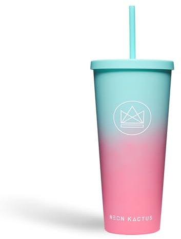 Neon Kactus - Bicchiere a doppia parete con cannuccia, bicchiere riutilizzabile con manicotto in silicone, senza plastica, a tenuta stagna e riciclabile, Twist & Shout 623,7 g