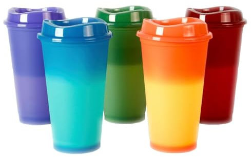 JZF Reusable Color Changing Coffee Cups, 5 Pcs 16 oz/473 ml Plastic Cups with Lids, Quality & Splash-Proof Water Travel Cup to Go Coffee Cup