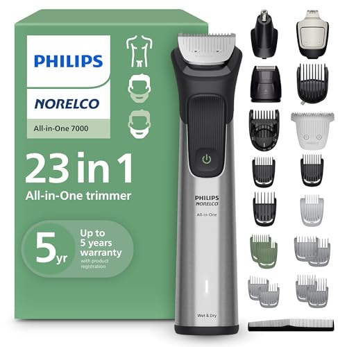 Norelco Philips All-in-One Series 7000 23-Piece Trimmer - Electric Shaver and Clipper for Face, Beard, Head & Body, Self-Sharpening Titanium Blades, 26 Length Settings (0.5-16 mm), MG7970/49
