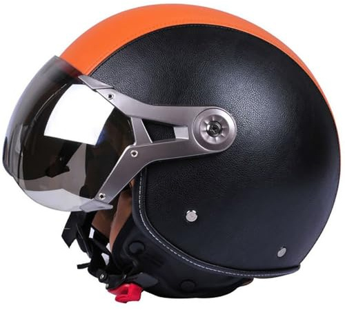 Casco Jet Classic Vintage in Pelle Con Visiera, ECE 22.06 Omologato, per Donna Uomo Scooter Chop Ciclomotore Retrò Pilota di Moto a Mezza Calotta (57-62cm)