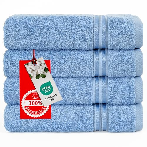Hammetex 4er Badetuch Set, 100% Baumwolle Premium Qualität Groß 50x100cm Handtuch, Weich Saugstark Schnell Trocknendes Händehandtuch, Hellblau