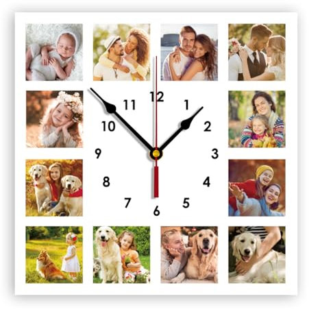 Orologio da parete personalizzato con foto, rotondo, quadrato, silenzioso, con immagine e logo, per soggiorno, cucina, bagno, funzionamento a batteria, PVC, (25-30 cm) (12 foto quadrate)