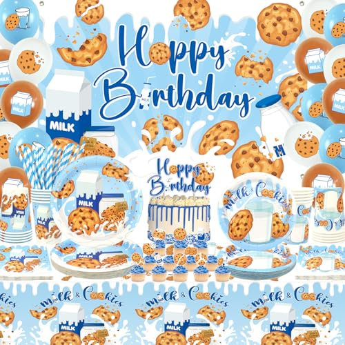 Décorations de fête d'anniversaire au lait et biscuits, fournitures de fête au lait, assiettes, tasses, serviettes, nappe, toile de fond « Happy Birthday » - Décorations de gâteau pour fête prénatale