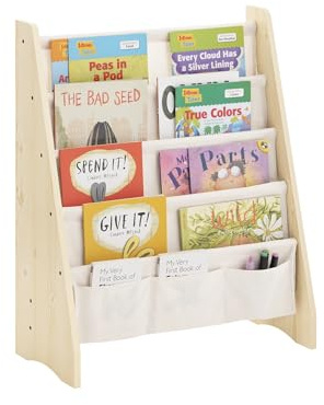 SoBuy Libreria Montessoriana per Bambini Scaffale Portagiochi e Porta Libri a 4 Livelli in Tessuto, Organizer per Cameretta Naturale 63x28x76 cm KMB50-N