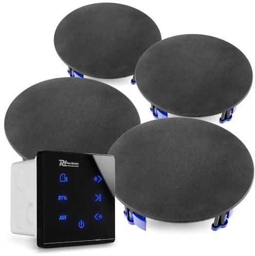 Power Dynamics Powerline A50B - Pack de 4 Altavoces de Techo con Amplificador empotrable, Bluetooth 5.0, Reproductor MP3, Hilo Musical, Incluye 4 Altavoces de 2 vías y Accesorios de instalación