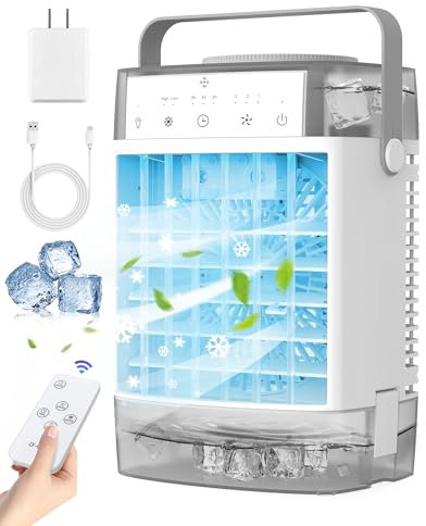Climatiseur portable, refroidisseur d'air évaporatif personnel avec double réservoir, 2 modes de brume, 3 vitesses du vent, ventilateur de bureau alimenté par USB avec éclairage d'ambiance 7 couleurs