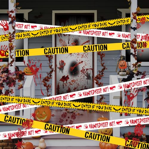 Halloween Deko Outdoor Absperrband, Horror Deko Mit Aufklebern, 27M Crime Scene Absperrband Dekoration Für Halloween Party, Spukhaus Dekor, Deko Garten