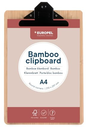 EUROPEL Bambu Urklipp - Hållbar träskiva med svart metallklämma och dolt hängande hål - A4-landskap för skolklassrum, kontor, affärer, restaurang, lager, 197012