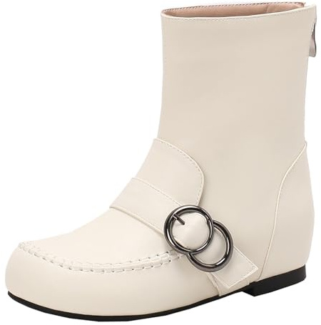 XIEPP Stivaletti da donna con zeppa per inverno e autunno stivaletti con tacco piatto e punta rotonda con zip, beige., 36 EU