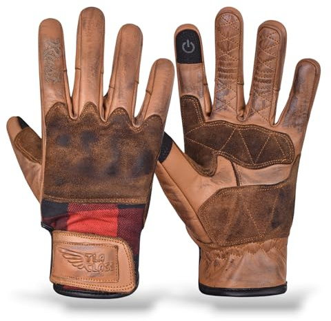 TLA RUST Guanti moto in pelle vintage con protezioni nocche omologati CE, 2XS a 4XL uomo e donna, Guanti da moto cafè racer, scooter, racing, touchscreen, alta protezione (Marrone/Rosso, 2XL)