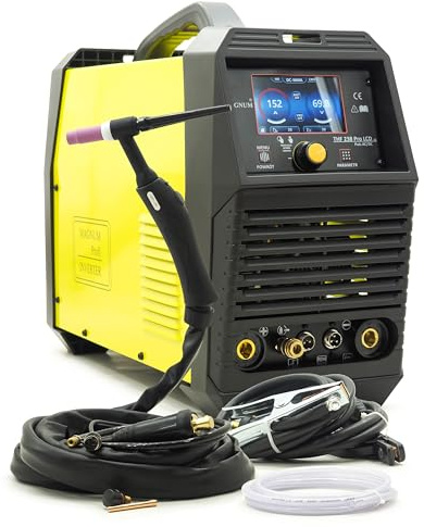 Magnum THF 238 PRO LCD v2 WIG svetsmaskin AC DC aluminium 200A – professionell invertersvetsmaskin med HF-tändning, pulsfunktion, 9 vågformer och färgdisplay – inkl. SR26 brännare och e-hand MMA
