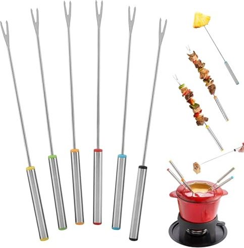 Forchette da Fonduta in Acciaio Inox con Cappucci Colorati, Set da 6 Forchette Lunghe per Cioccolato e Formaggio, Per Frutta Dessert Torte e Barbecue, Lavabili in Lavastoviglie