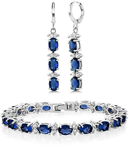 Gem Stone King 7 Inch Blue and White CZ Tennis Bracelet Set With Matching 2 Inch Oval Dangle Earrings For Women