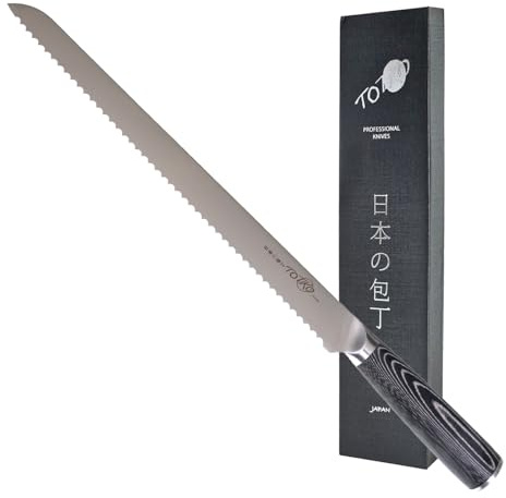 Totiko Coltello Professionale in Acciaio Tedesco, Coltello da Cucina Professionale Giapponese per Pane e Pasticceria, Lama da 30cm, Bread Knife, Manico in Pakkawood Color Legno Japan Knives