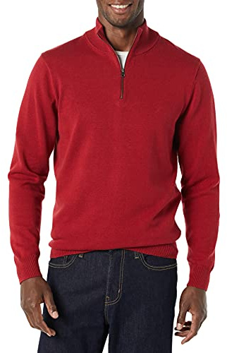 Amazon Essentials Men's 100% Cotton Quarter-Zip Jumper, Red, L
