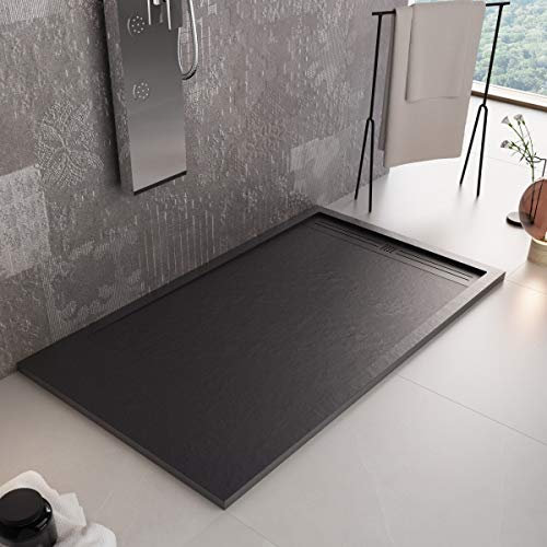 Luminosa ArredoBagno Plato de ducha Marmoresina 80 x 140 cm, efecto piedra antideslizante con helcoat, modelo Berlín, color negro, rejilla y pileta incluidos
