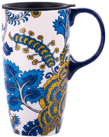 DUSVALLY 17oz Ceramic Travel Mug with Lid - Large Blue Floral Coffee Cup for Tea and Latte