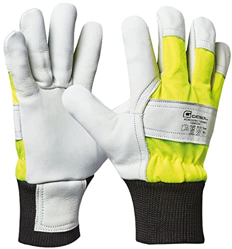 Gebol Worker Pro Thermo Comfort | Gants de travail en cuir avec doublure isolante contre le froid pour l'hiver | Gants de protection imperméables | Homme | Taille XXL (Taille 11) | Jaune, noir, blanc