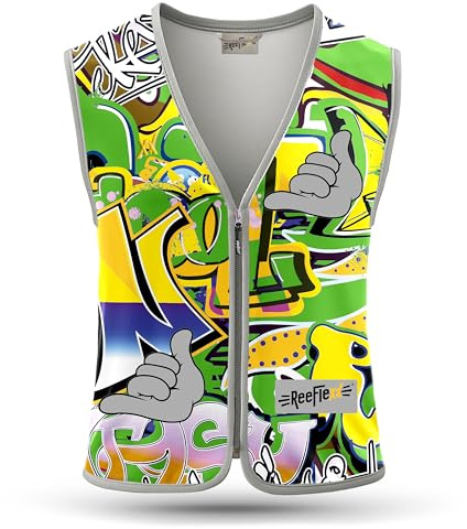 REEFLEXX Warnweste/Reflektorweste/Sicherheitsweste grün für Kinder, erhöhte Sichtbarkeit im Straßenverkehr, Joggen, Fahrrad oder Auto (Green Graffiti, S)