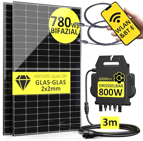 DUR-line Balkonkraftwerk 800W auf 600W drosselbar - in Schwarz mit 780Wp PV-Leistung - 3m Schutzkontaktstecker-Anschlusskabel zum Einstecken in die Steckdose -Wifi-Mini-Solaranlage Bifaziale N-TOPCon