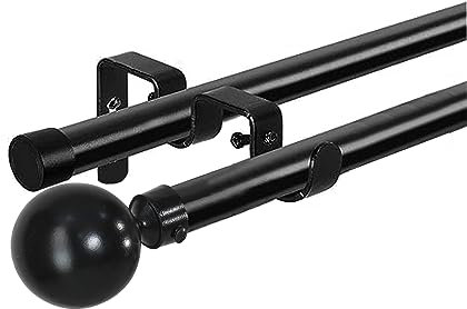 HOMEYA - Barras de Cortina Doble 120-210 cm, Barra de Cortina Extensible 16-19mm, con Terminales Forma Redonda con Soportes, Barra de Cortina de Metal Decorativa Ajustable para Sala de Estar/Negro