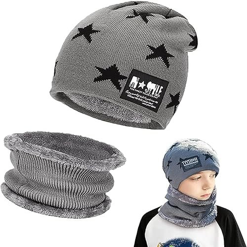Amebleak Ensemble Echarpe Bonnet Enfants Tricotés Hiver Bonnet Beanie Bonnet Chapeaux d'hiver Chauds Bonnet Chapeau Tour de Cou Doublure Polaire Tricoté Nsemble Epais 5-14 Ans Garçons Filles - gris