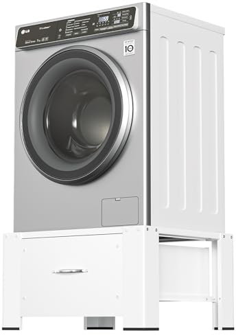 Tubiaz Waschmaschinen Untergestell mit Schublade, 62.5x54.5x32.5cm waschmaschinen unterschrank, Stahl Waschmaschinensockel, Waschmaschine Untergestell bis 150kg, Waschmaschinen Erhöhung Weiß