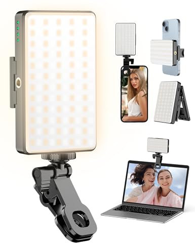 Selfie Light, Luz de Teléfono Recargable 120 LED con Clip Frontal y Trasero & Doble Orificio Tornillo de 1/4 Recargable Luz Selfie para Movil para iPhone, Android, Computadora, Portátil, Tableta