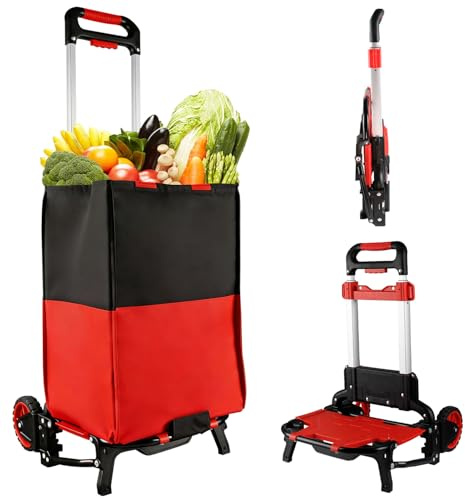 APOXCON Chariot de courses pliable avec sac imperméable amovible et cordon élastique, chariot à pousser robuste avec roues silencieuses, diable portable pour le shopping, les courses, les voyages et