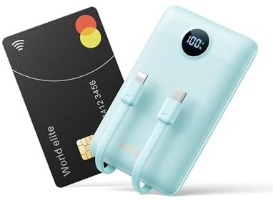 WeeFancy Mini Cargador Portátil para iPhone 10000mAh Slim PD 22.5 W de Carga Rápida con Cables Integrados, Viaje Esencial USB C Batería Pequeña Compatible con iPhone y Android (Azul)